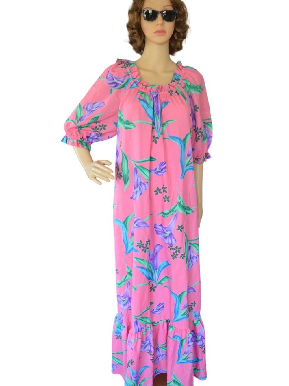 Vintage Hilo Hattie Pink Floral Ruffled Maxi Dress Mumu Womens L Made In Hawaii
